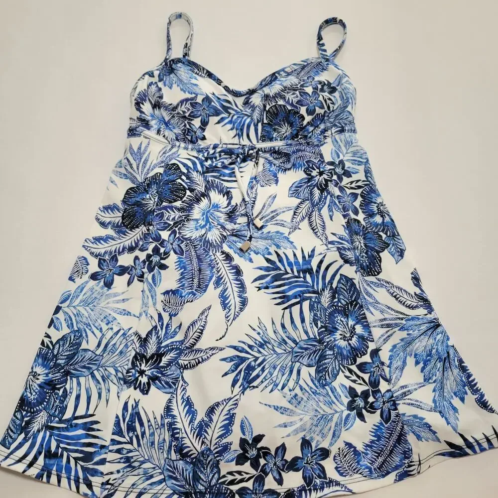 Swim Solutions Blue Blooms Printed Empire Waist Swimdress Modest NWT Size 8 - Picture 4 of 13